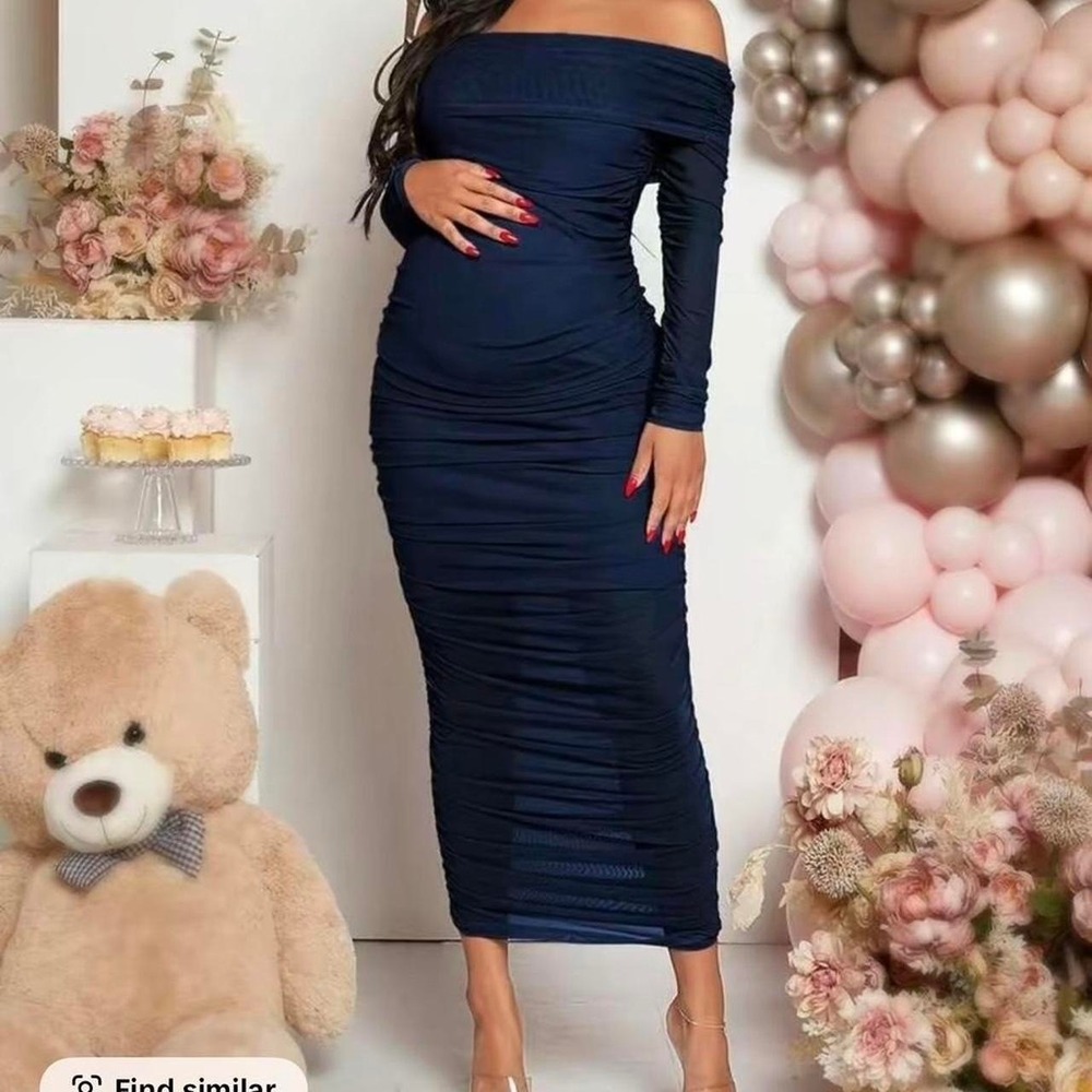Pregnancy Photo‎ Shoot Dress XL Blue Ruched Gender Reveal Baby Shower Bodycon